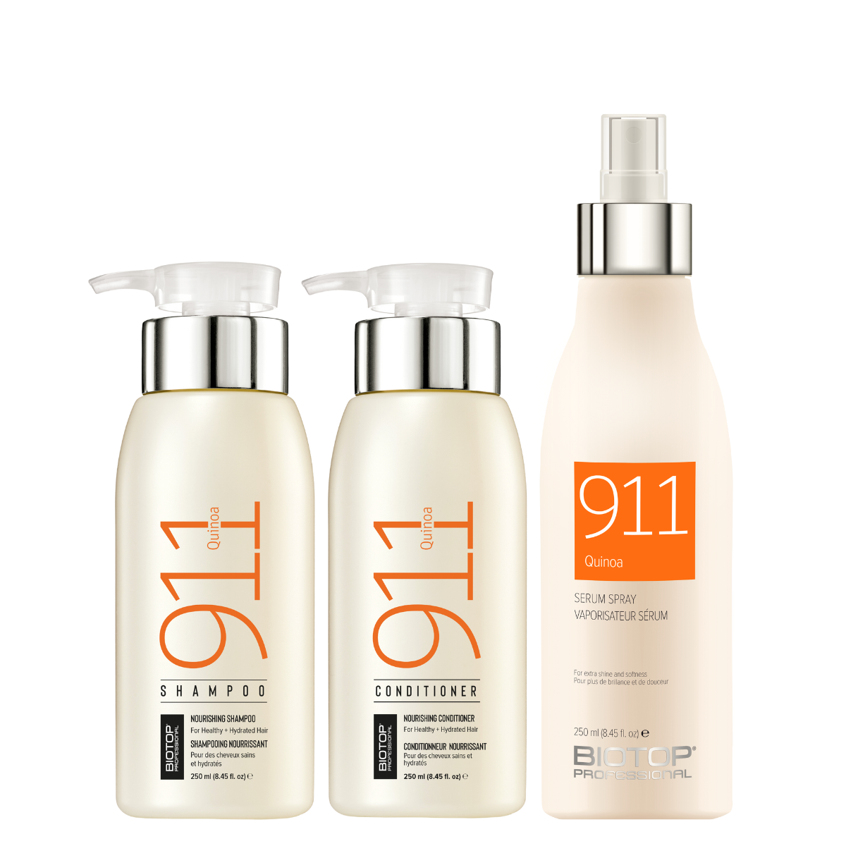 Комплект BIOTOP 911 Quinoa Trio для поврежденных и тусклых волос: шампунь, кондиционер и сыворотка-спрей